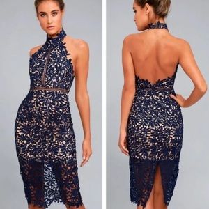 Lulus Divine Destiny Navy Blue Lace Midi Cocktail Halter Dress SZ Small